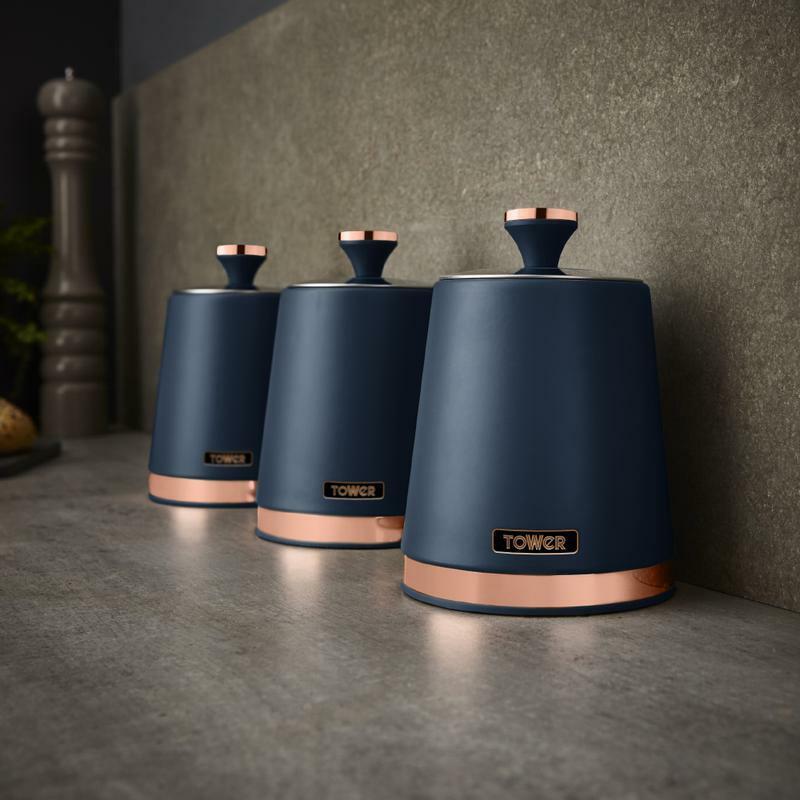 TOWER Cavaletto Tea Coffee Sugar Canisters Midnight Blue & Rose Gold Kitchen Storage