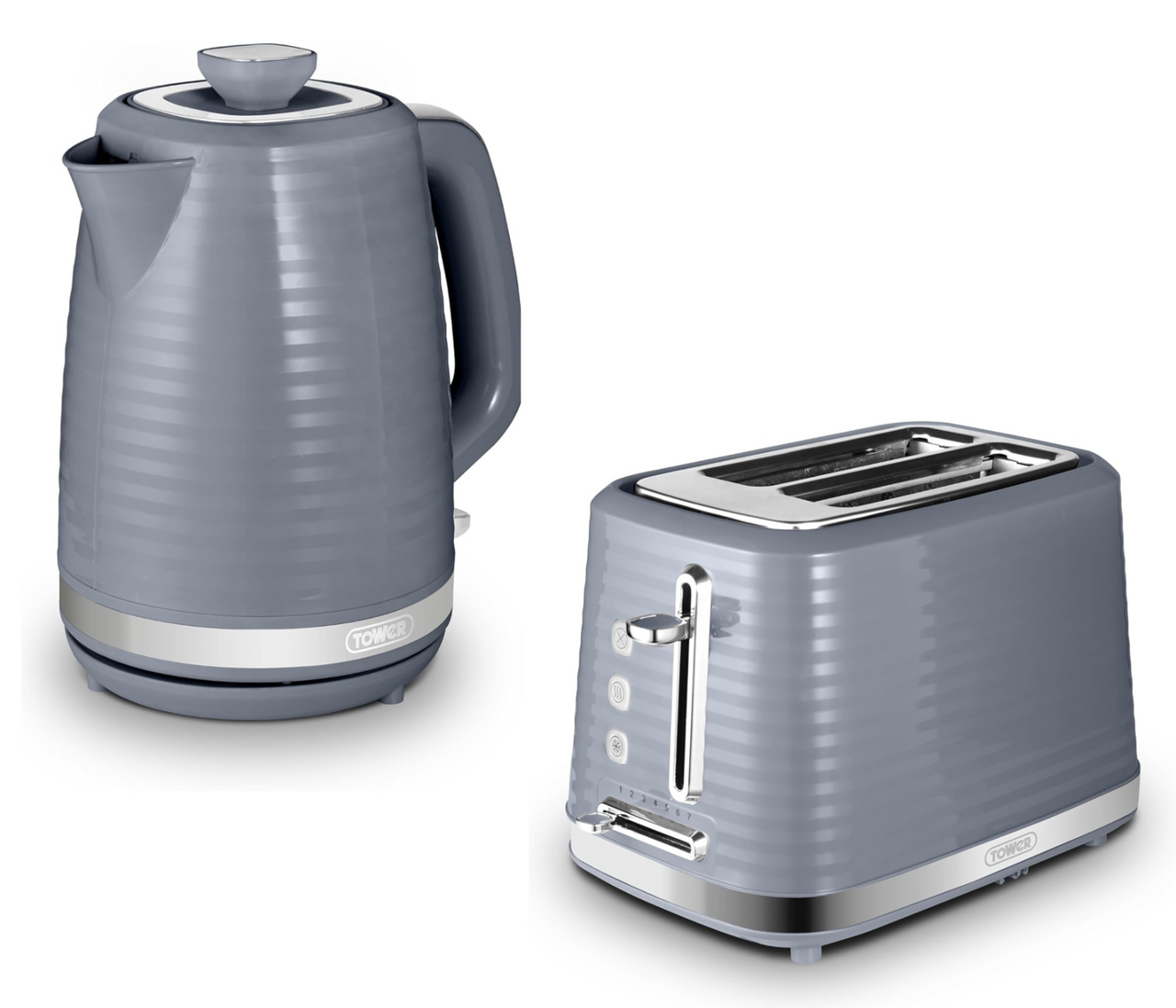 Tower Saturn 1.7L 3KW Jug Kettle & 2 Slice Toaster Grey with Chrome Accents