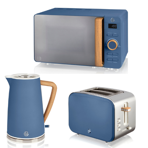 Swan Nordic Blue Kettle 2 Slice Toaster & Digital Microwave Scandinavian Design