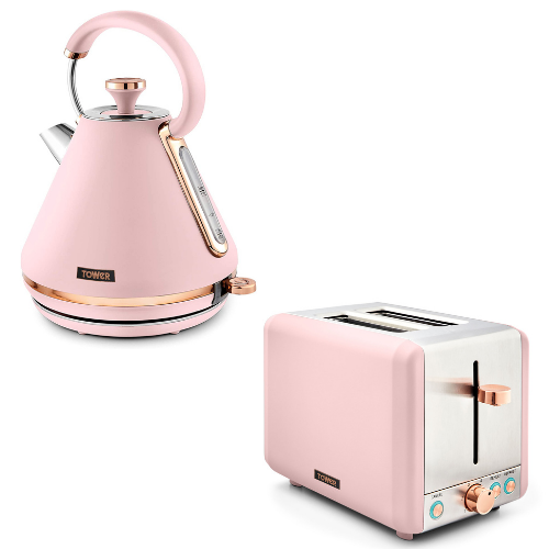 TOWER Cavaletto 1.7L Pyramid Kettle & 2 Slice Toaster Kitchen Set Pink & Rose Gold