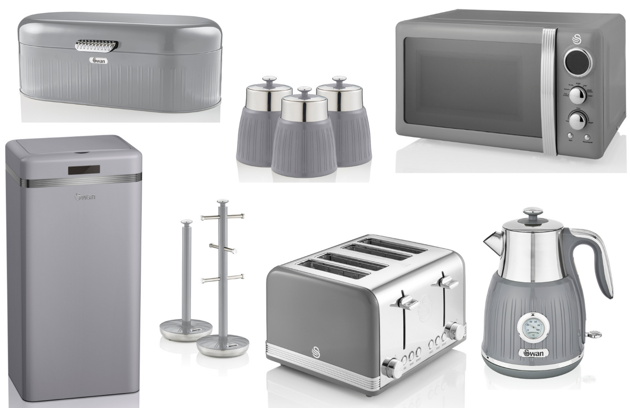 SWAN Retro Grey Set of 10 Kettle Toaster Microwave Sensor Bin & Kitchen Storage