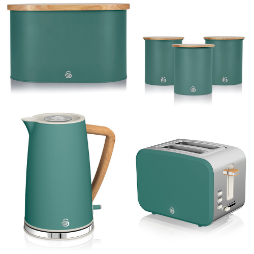 Swan Nordic Style Kitchen Set of 6 in Green including 1.7L Jug Kettle, 2 Slice Toaster, Bread Bin & Tea, Coffee, Sugar Canisters Matching Set