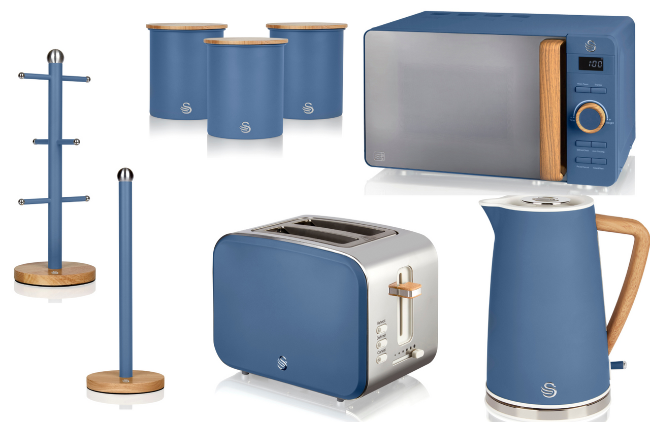 Swan Nordic Blue 1.7L 3KW Jug Kettle, 2 Slice Toaster, 800W 20L Microwave, Tea, Coffee, Sugar Canisters, Mug Tree & Towel Pole Set of 8