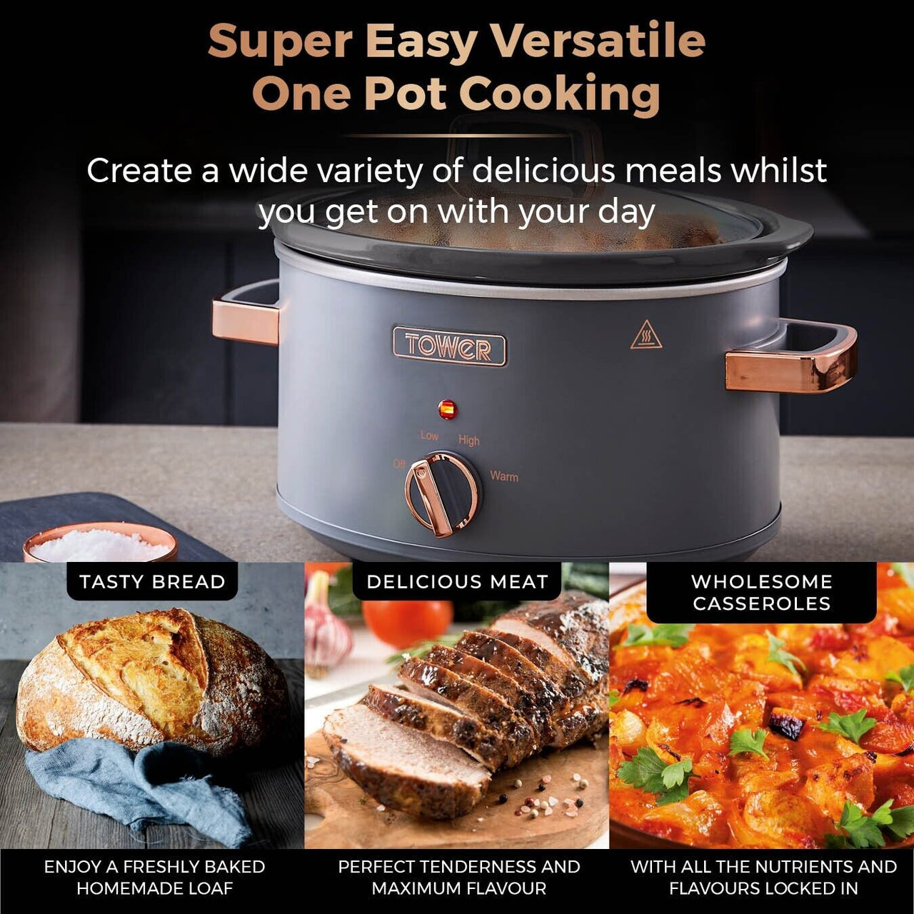 Tower Cavaletto 3.5L Slow Cooker Grey/Rose Gold Energy Efficient Family Capacity