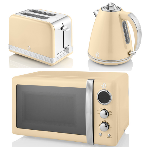 Swan Retro Jug Kettle, 2 Slice Toaster & Digital Microwave Cream