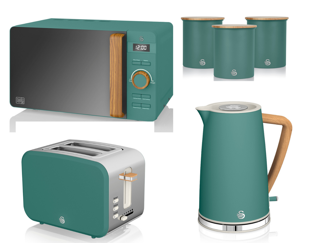 Swan Nordic Style Kitchen Set of 6 in Green including 1.7L Jug Kettle, 2 Slice Toaster, 800W 20L Digital Microwave & Tea, Coffee, Sugar Canisters Matching Set