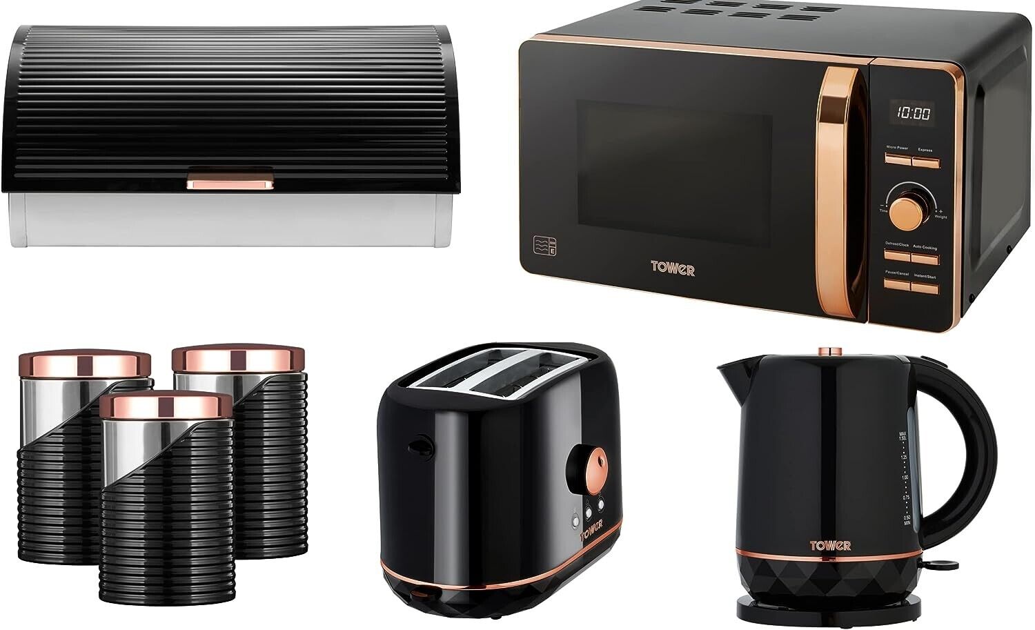 Bread Bin Black And Rose Gold Microwave Kettle And Toaster