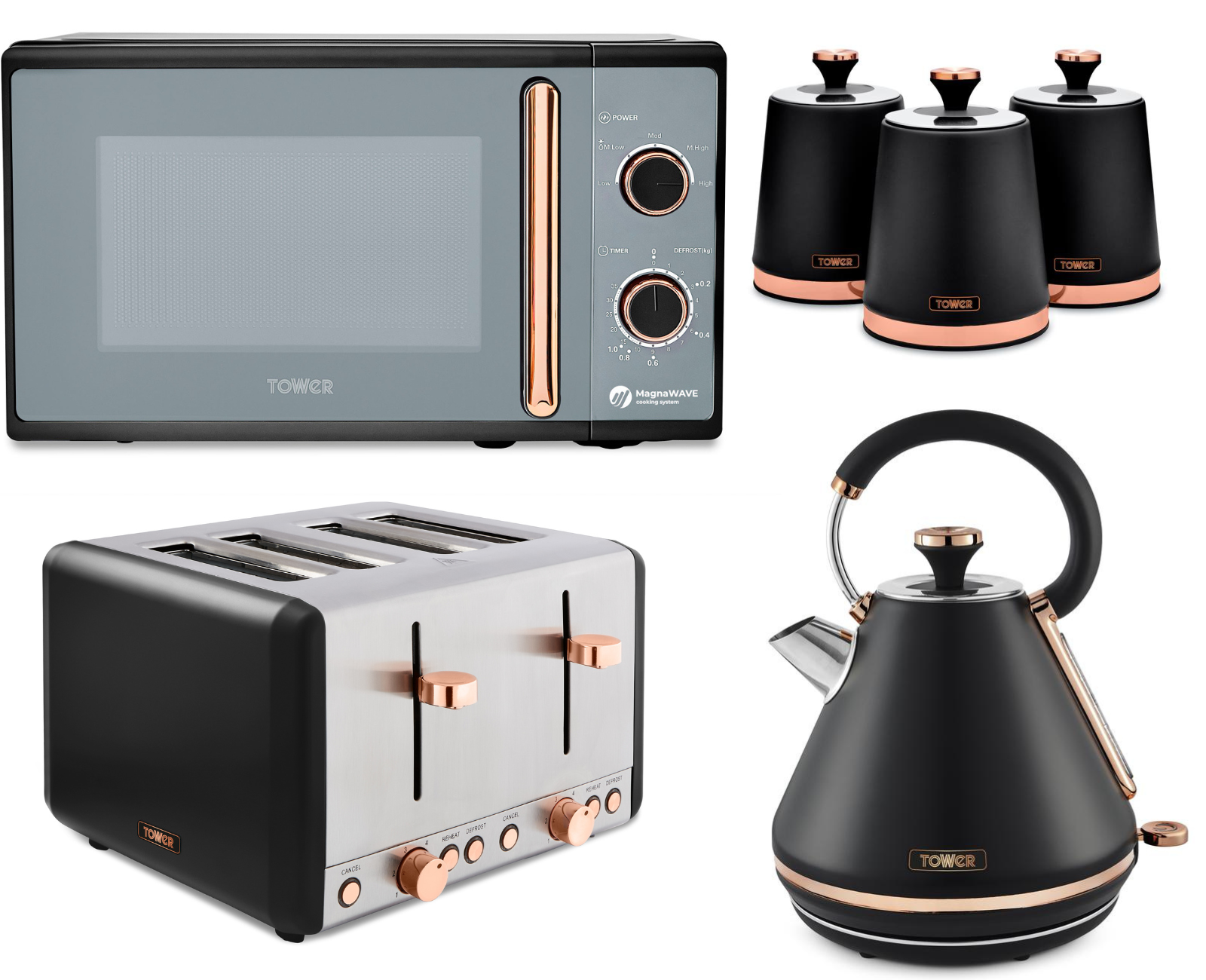 Tower Cavaletto Black Pyramid Kettle 4 Slice Toaster Microwave & 3 Can