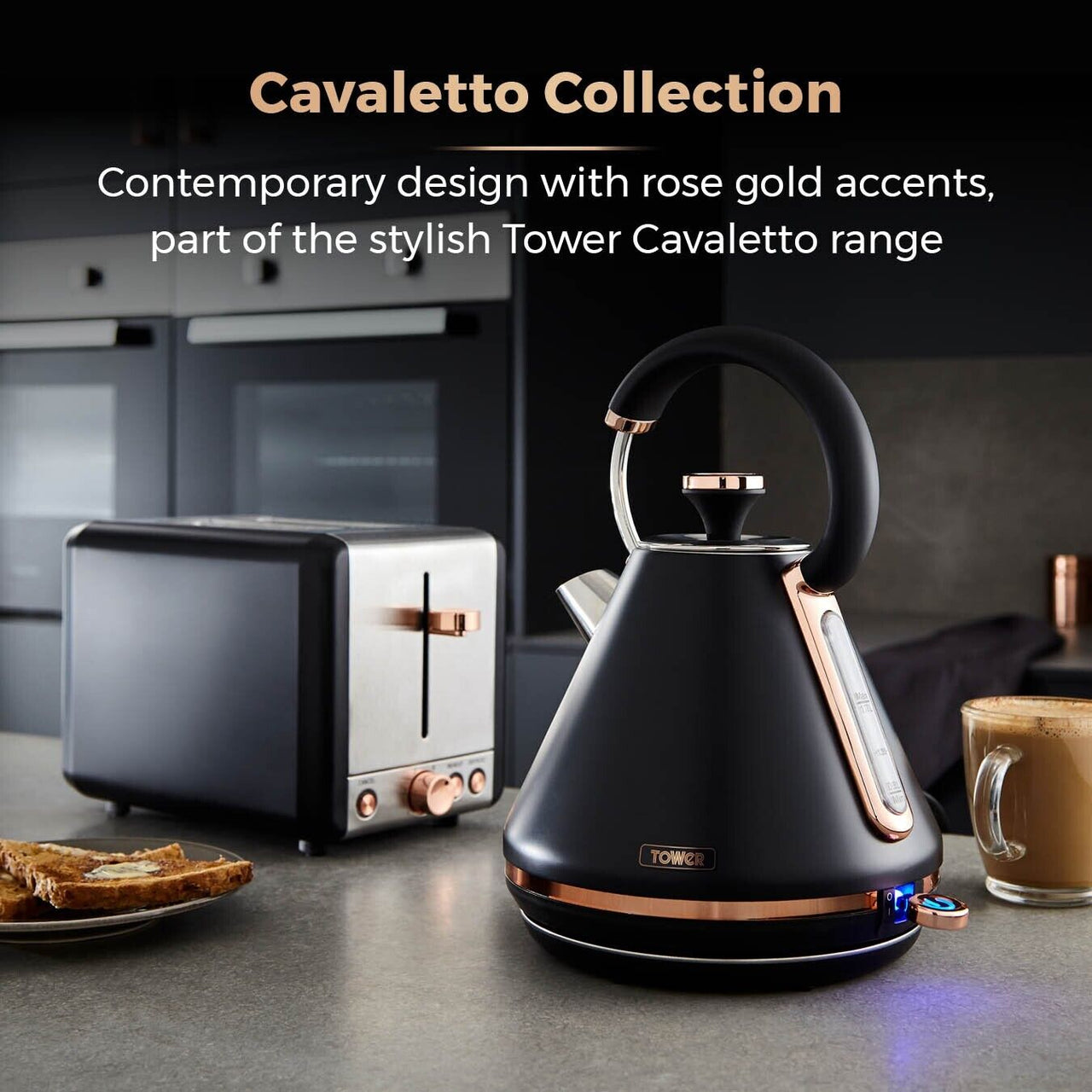 Tower Cavaletto Black Kettle 2 Slice Toaster Microwave Bread Bin & Canisters Set