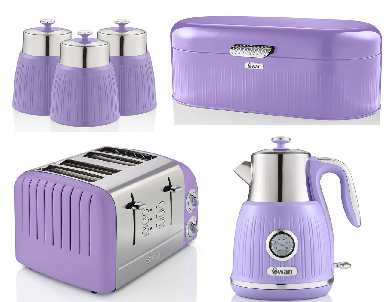 Swan Retro Purple Dial Kettle 4 Slice Toaster Bread Bin & Canisters Set of 6