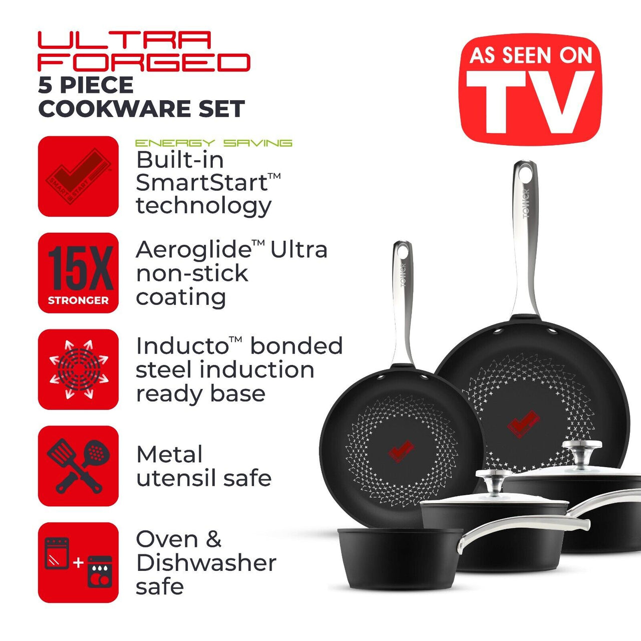 Tower Smart Start 5 Piece Ultra Forged Cookware Set T900304 - 10 YR Guarantee