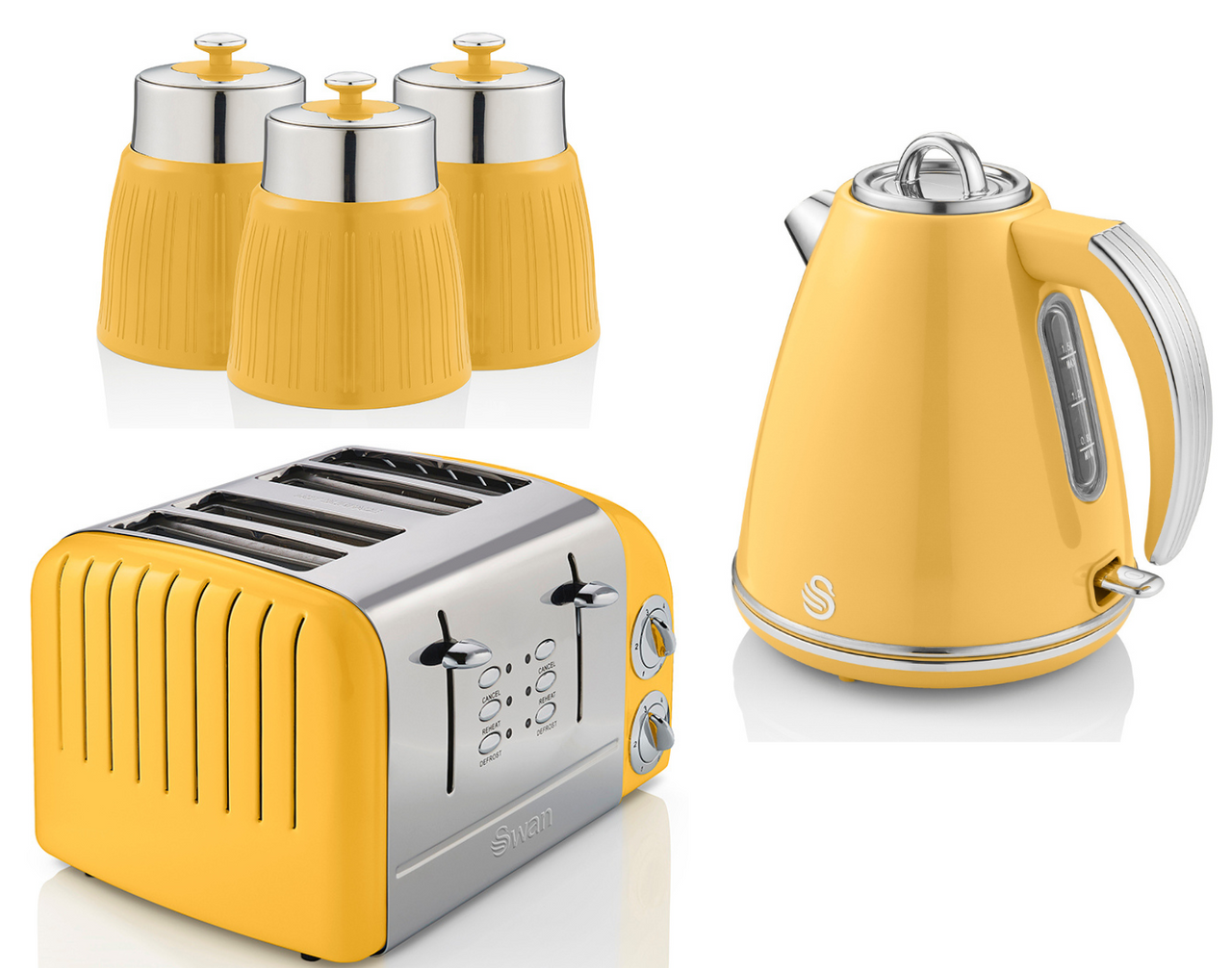 Swan Retro Yellow Jug Kettle, 4 Slice Toaster & 3 Canisters Kitchen Set of 5