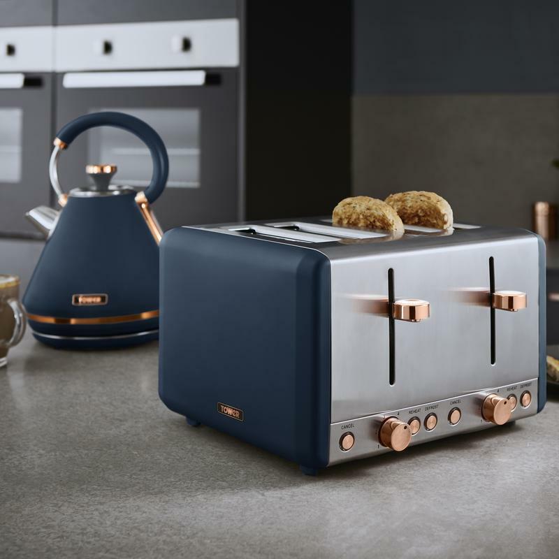 TOWER Cavaletto Pyramid Kettle & 4 Slice Toaster Midnight Blue & Rose Gold