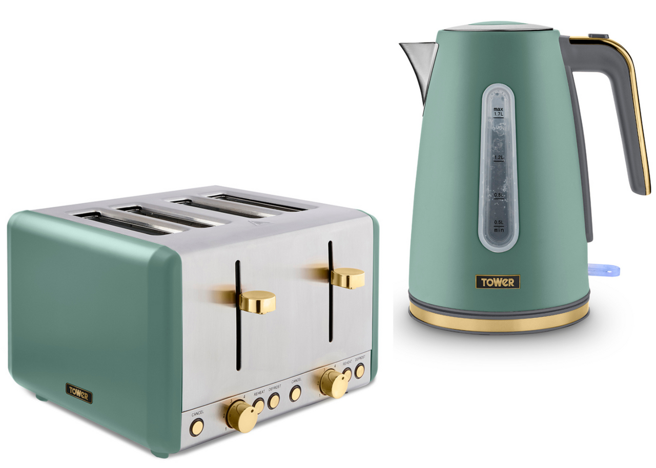 Tower Cavaletto 1.7L 3KW Jug Kettle & 4 Slice Toaster in Jade with Champagne Accents