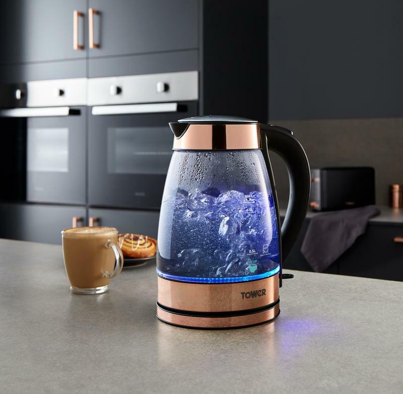 Tower Smoked Glass 3KW 1.7L Kettle Black & Rose Gold - Rapid Boil, 3 Yr Warranty