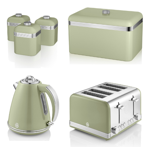 SWAN Retro Green Kitchen Set Jug Kettle 4 Slice Toaster Breadbin & Canisters