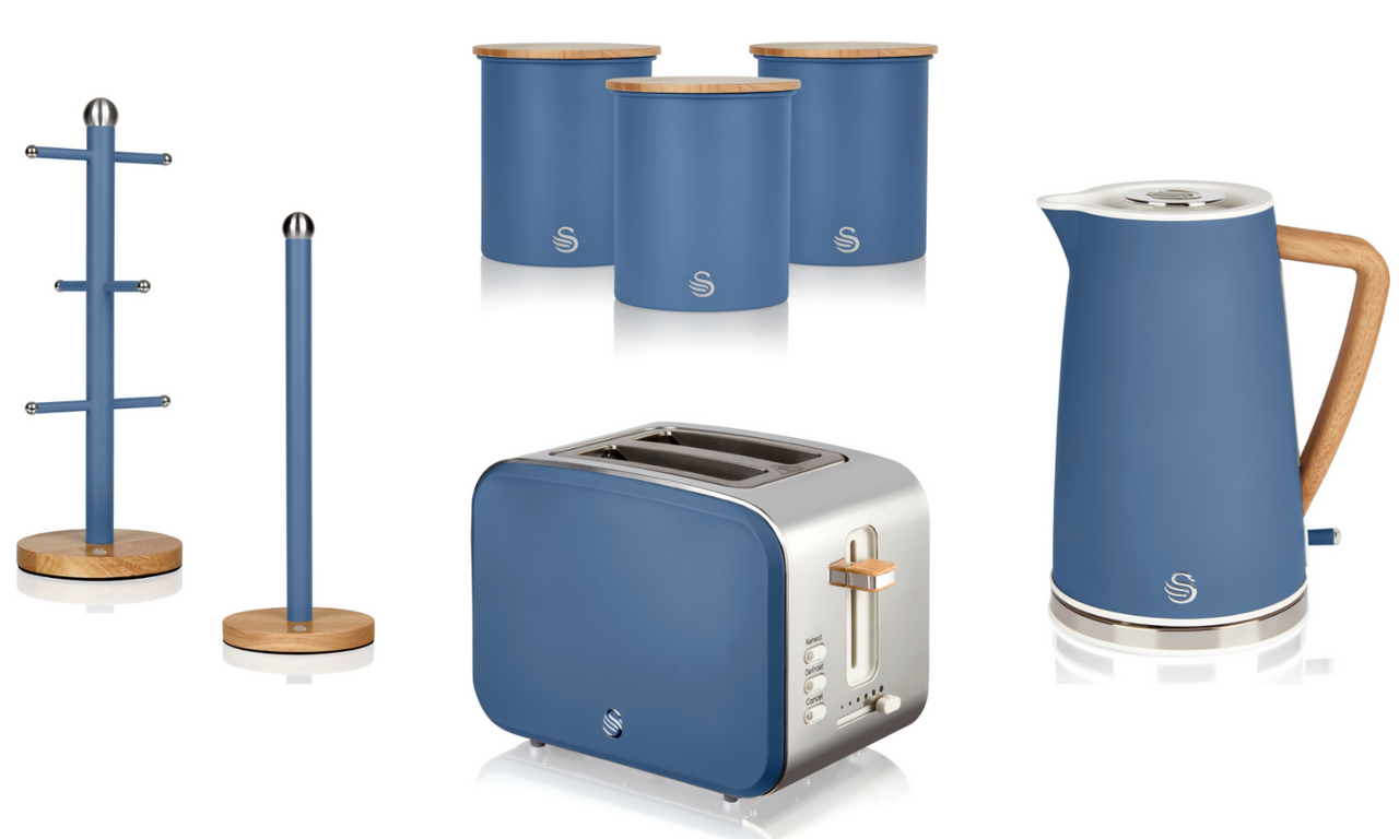 Swan Nordic Blue Kettle 2 Slice Toaster 3 Canisters Mug Tree Towel Pole Set of 7