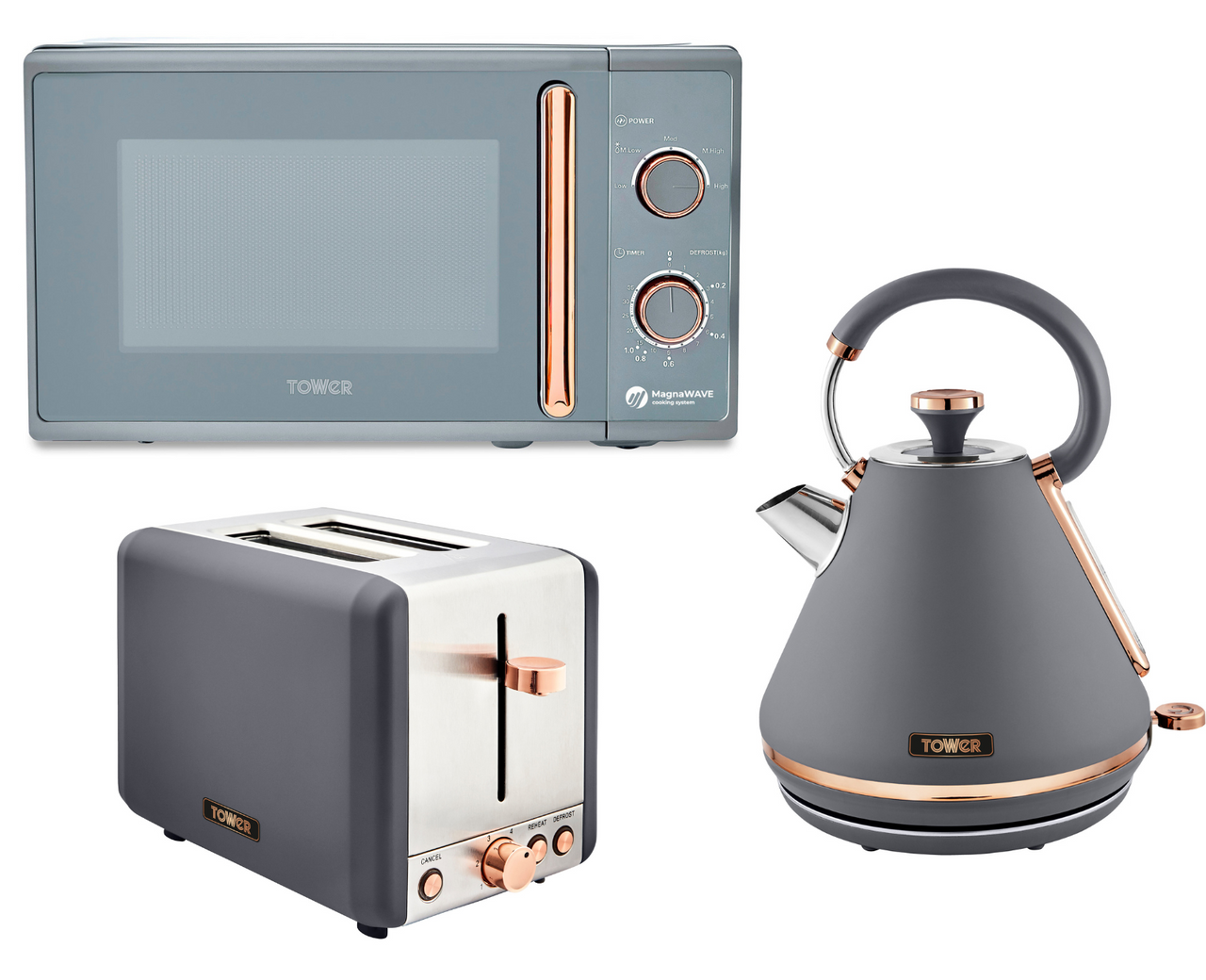 Tower Cavaletto Grey & Rose Gold Pyramid Kettle, 2 Slice Toaster & 800W 20L Microwave