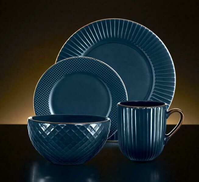 Tower Empire 16 Piece Dinner Set Midnight Blue with Burnt Gold Accents Dining Set