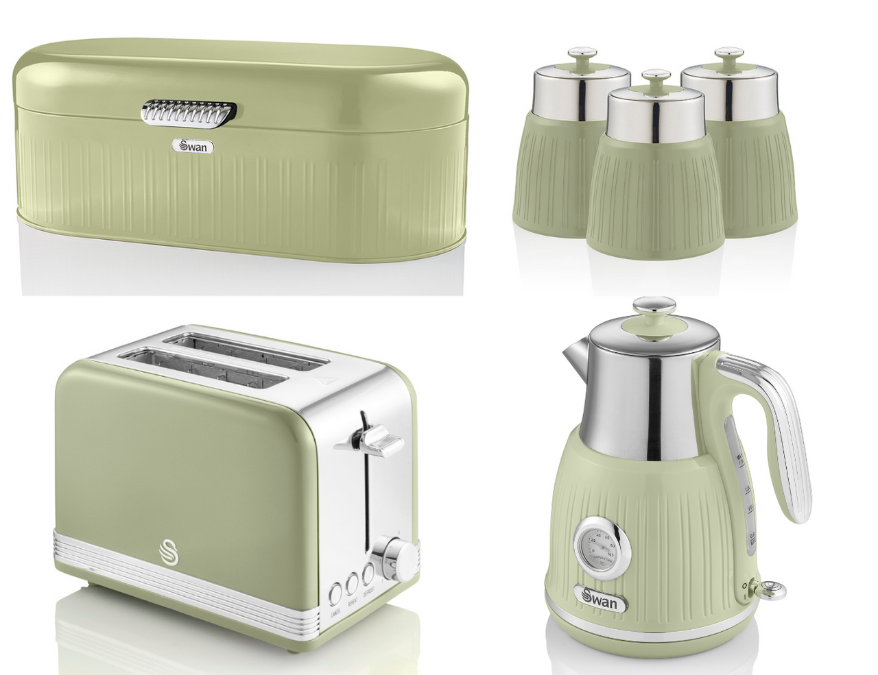 SWAN Retro Green Dial Kettle 2 Slice Toaster Breadbin Canisters Kitchen Set of 6