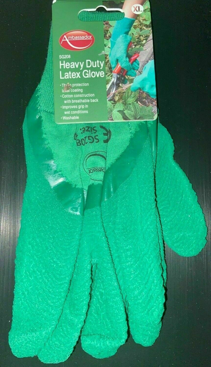 Men's Heavy Duty Latex Gardening Gloves Green. Medium to Extra Large snug fit