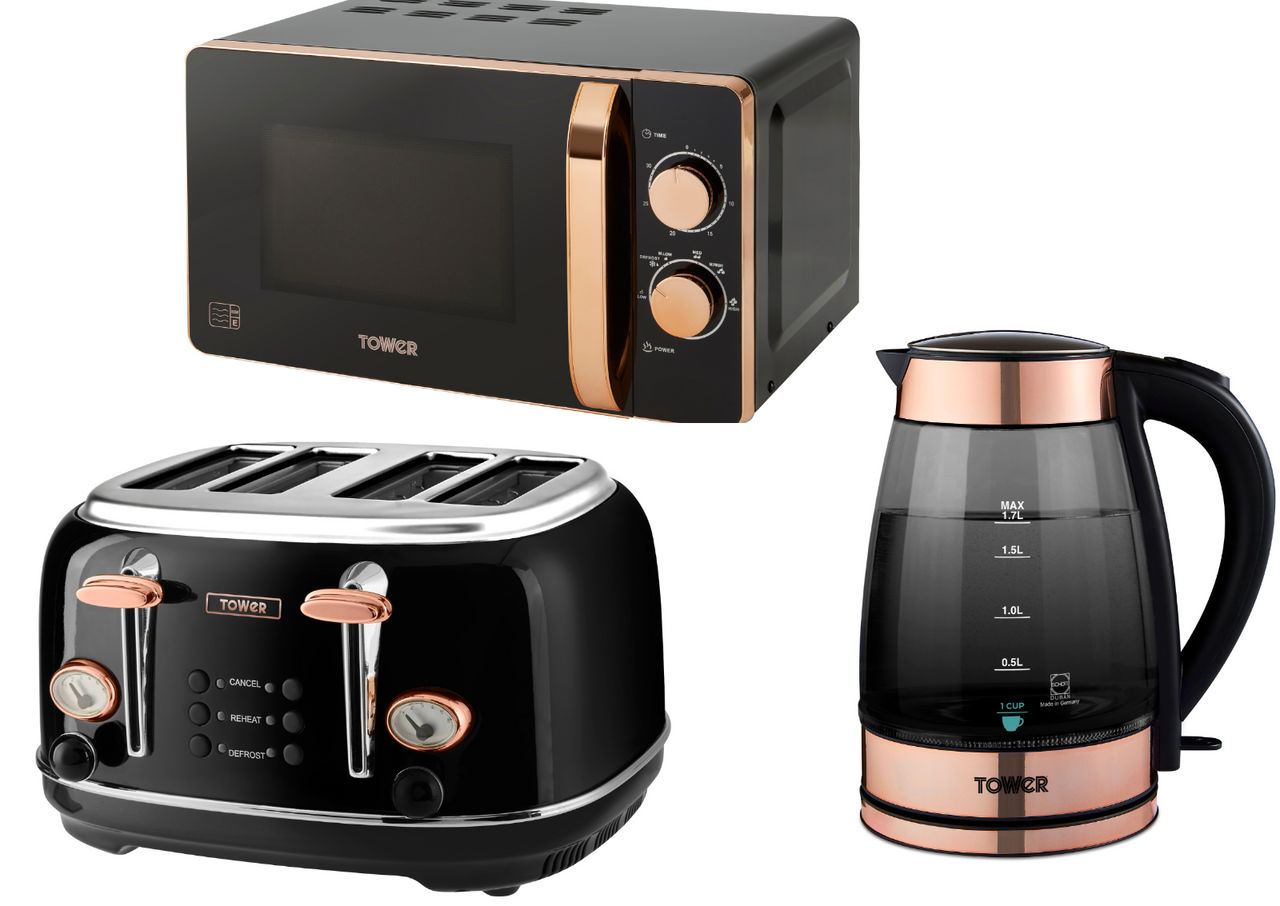 TOWER Smoked Glass Kettle 4 Slice Toaster Manual Microwave Black & Rose Gold