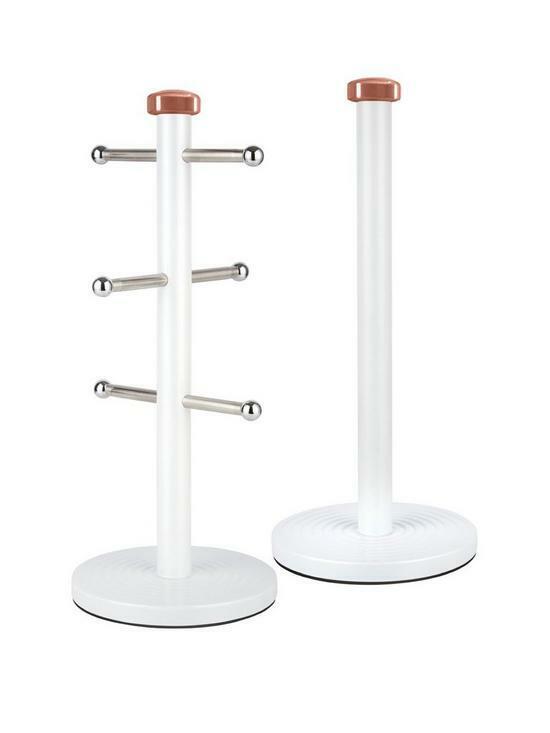 Tower Linear White & Rose Gold Mug Tree & Towel Pole Matching Kitchen Storage Set