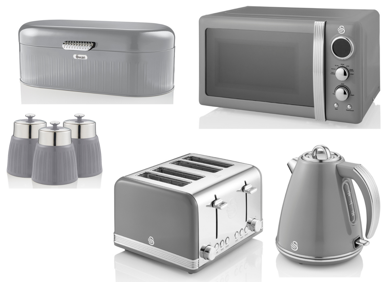 SWAN Retro Grey 1.5L 3KW Jug Kettle, 4 Slice Toaster, 800W 20L Microwave, Bread Bin & Canisters Kitchen Set of 7