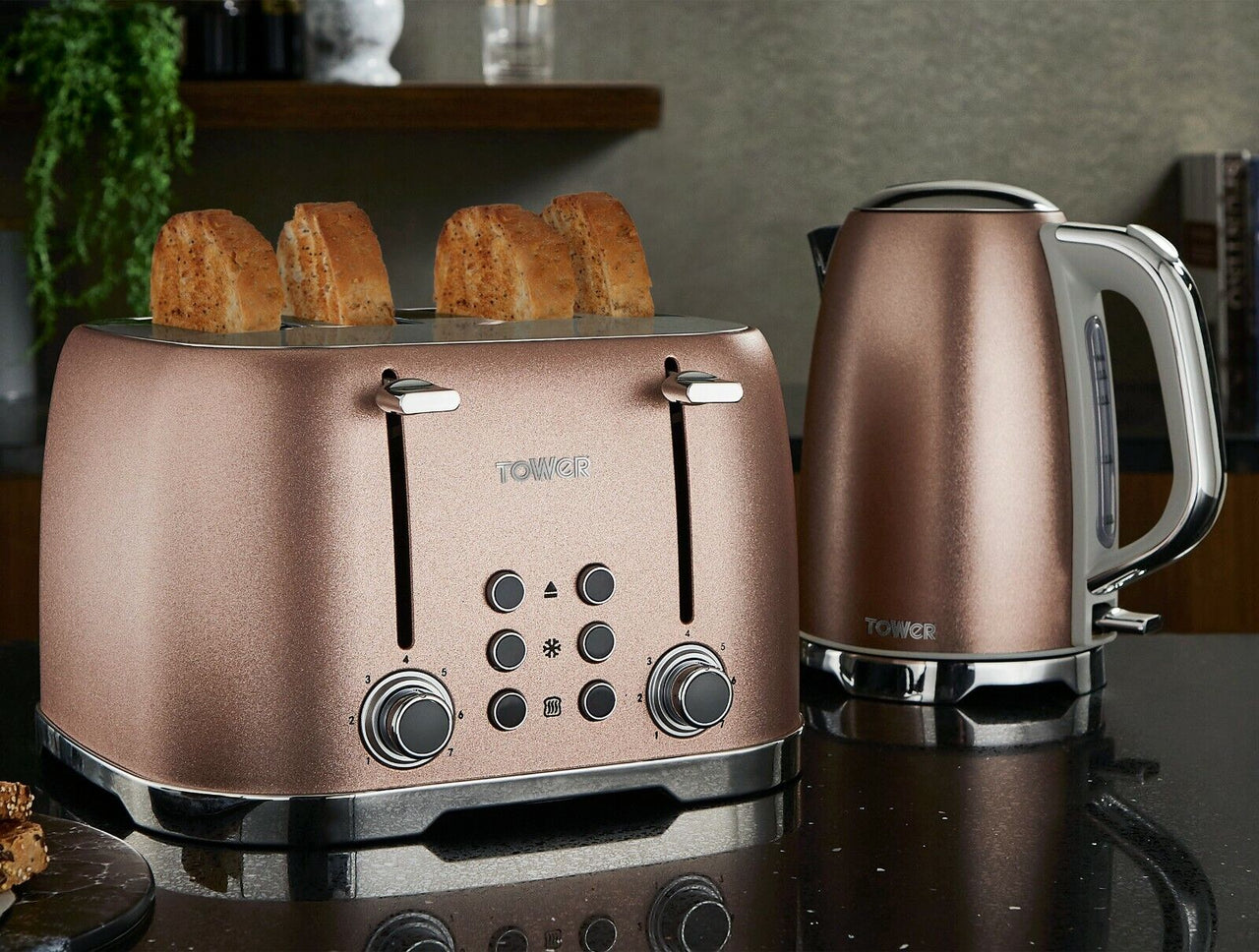 Tower Glitz Pink Kettle 4 Slice Toaster Canisters Bread Bin Mug Tree Towel Pole Set