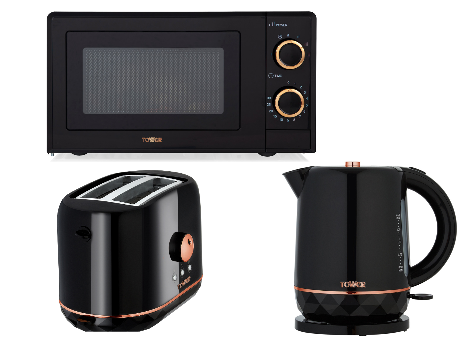 Tower Rose Gold Black Kettle Slice Toaster Microwave Set