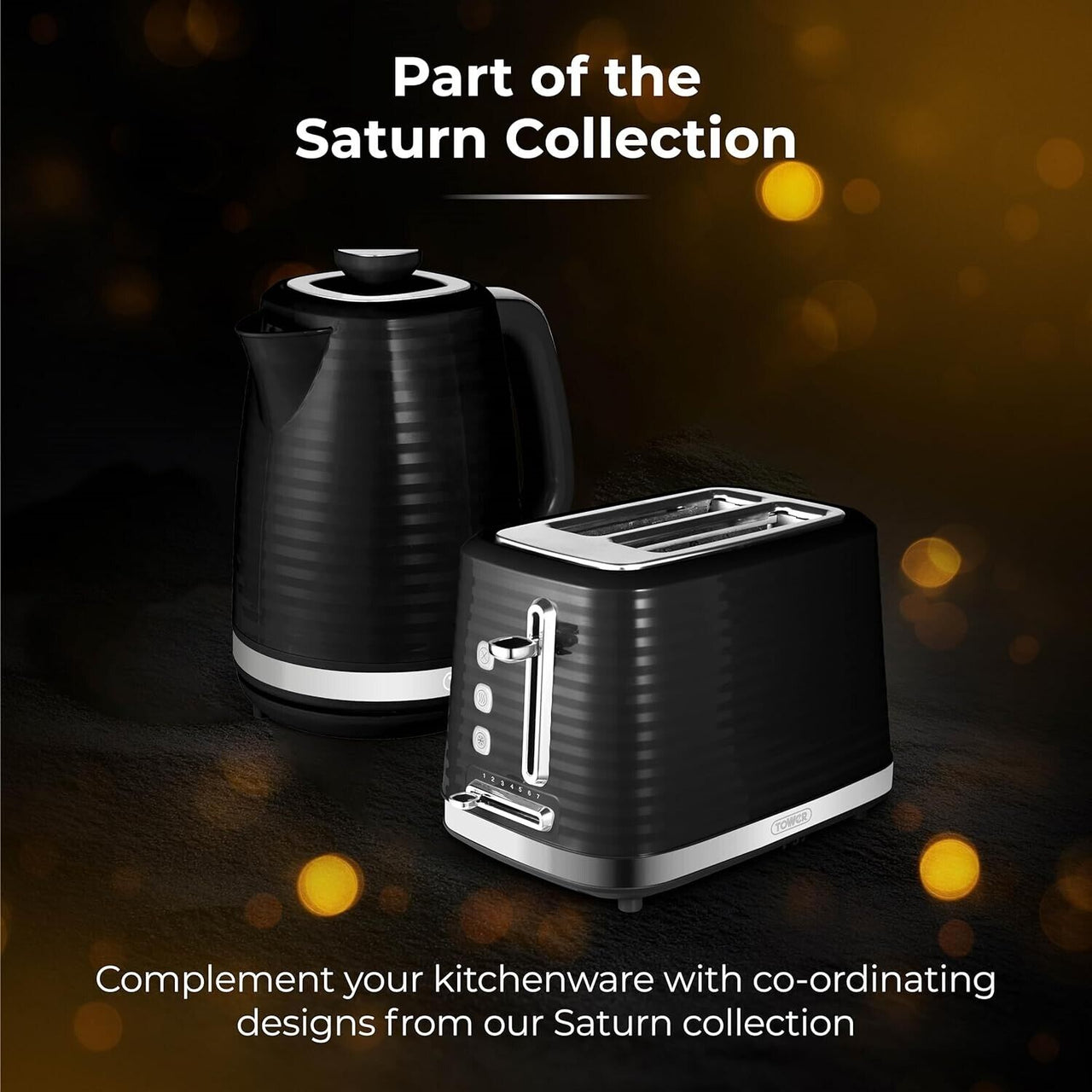 Tower Saturn 1.7L 3KW Jug Kettle & 2 Slice Toaster Black with Chrome Accents