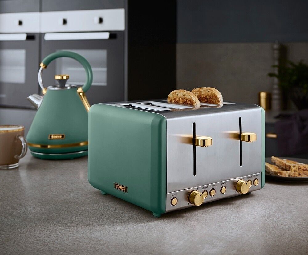Tower Cavaletto Kettle Toaster Bread Bin 3 Canisters Set in Jade & Champagne Gold