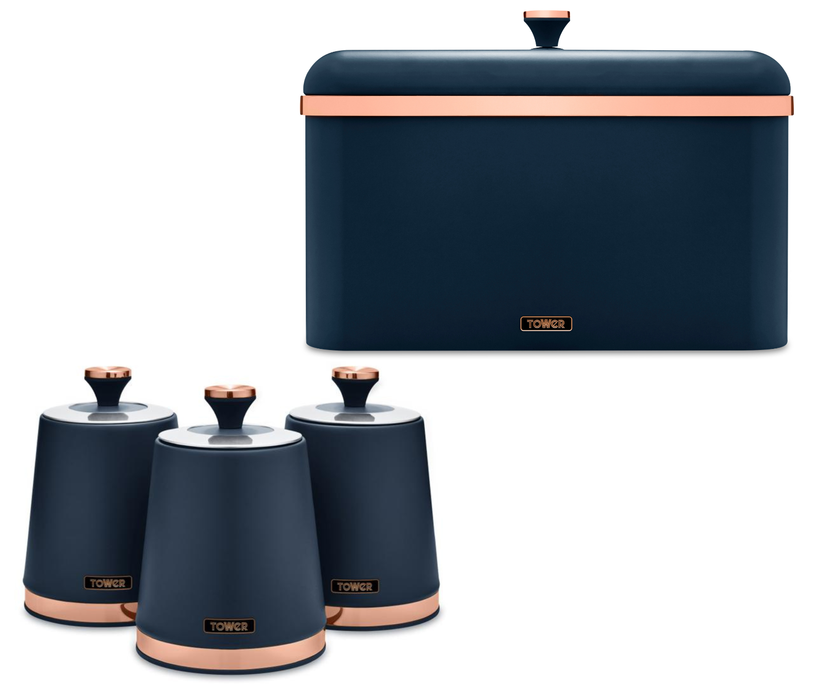 Tower Cavaletto Bread Bin & Canisters Storage Midnight Blue/Rose Gold