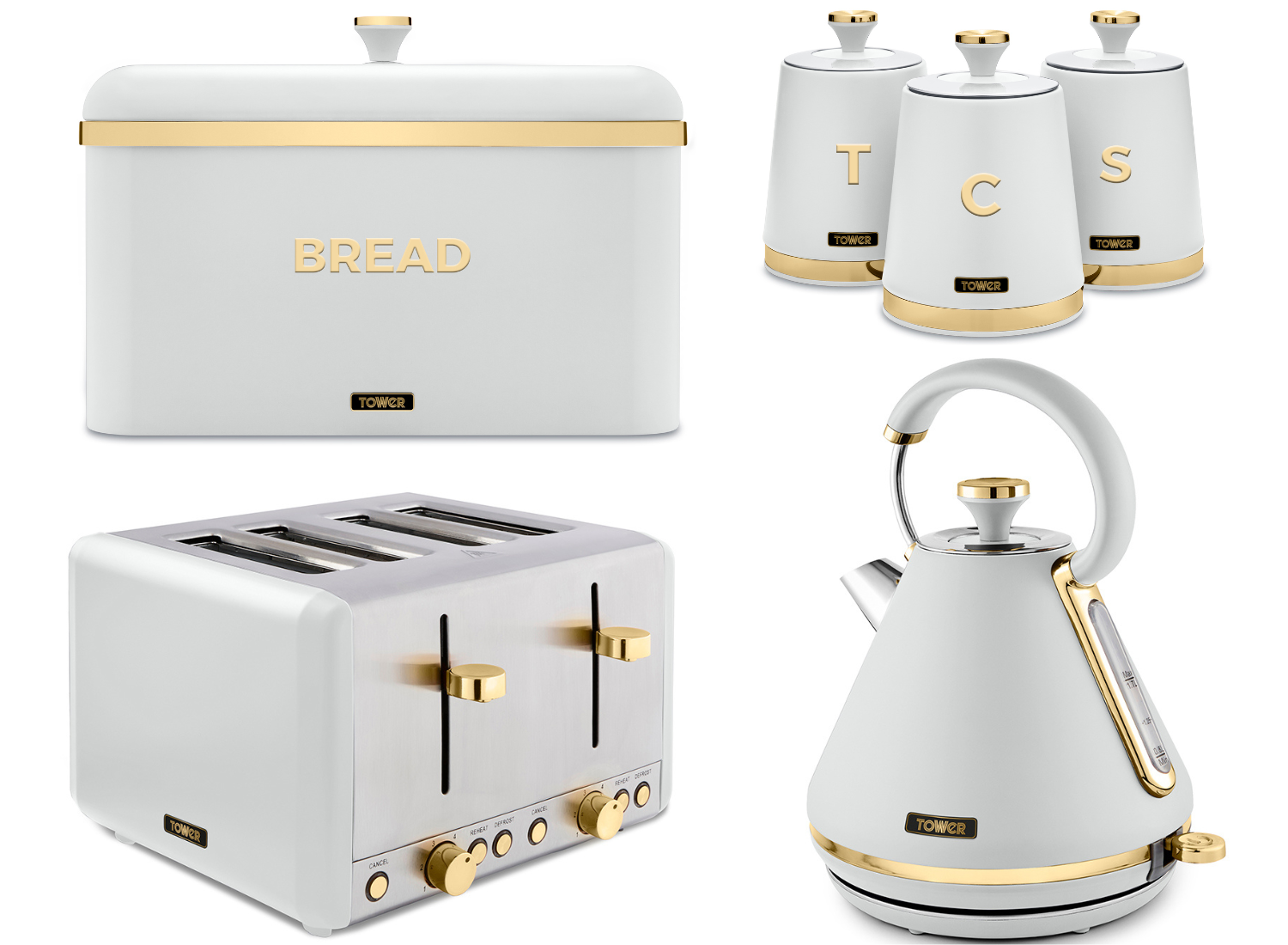 Tower Cavaletto White Kettle Slice Toaster Breadbin Canisters Set
