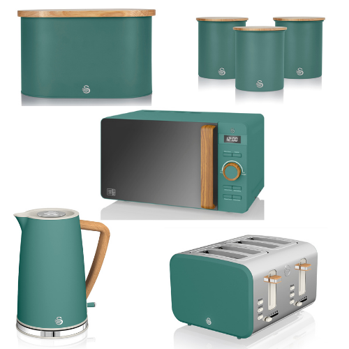 Swan Nordic Style Kitchen Set of 7 in Green including 1.7L Jug Kettle, 4 Slice Toaster, 800W 20L Digital Microwave, Bread Bin & Tea, Coffee, Sugar Canisters Matching Set