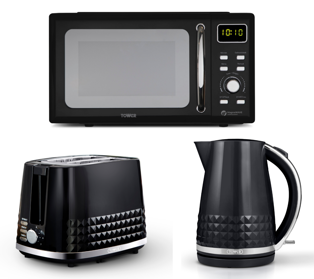 Tower Solitaire 3KW 1.5L Kettle 2 Slice Toaster & 800W 20L Digital Microwave Set in Black with Chrome Accents
