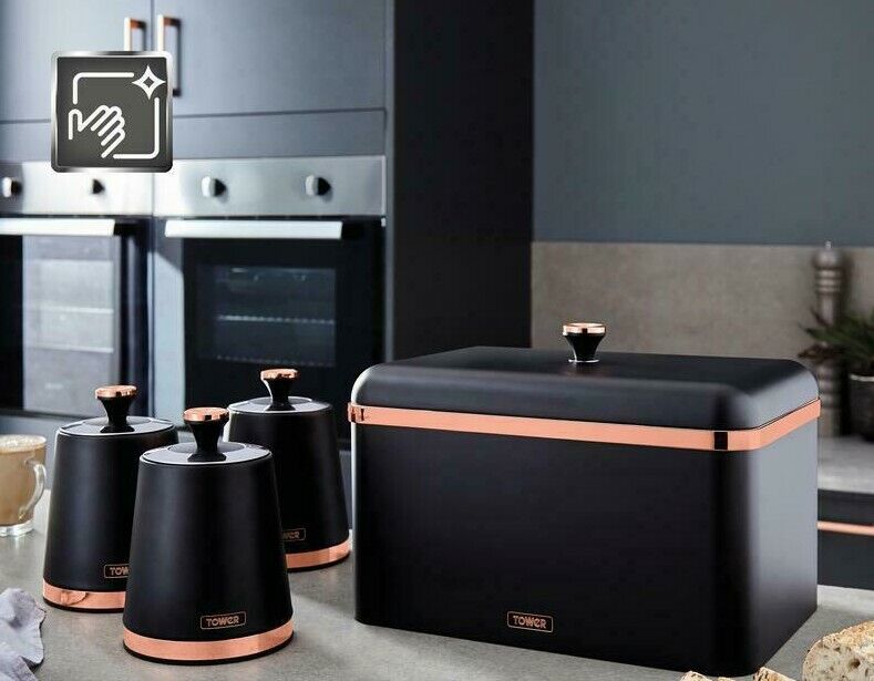 TOWER Cavaletto Bread Bin & Canisters Matching Set Black/Rose Gold Tea Coffee Sugar Storage