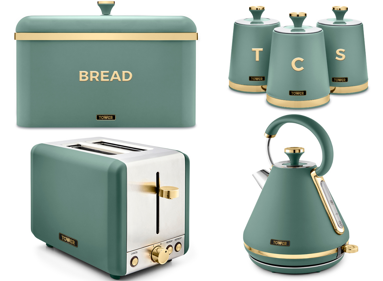 Tower Cavaletto Kettle 2 Slice Toaster Bread Bin & 3 Canisters Set in Jade &Gold