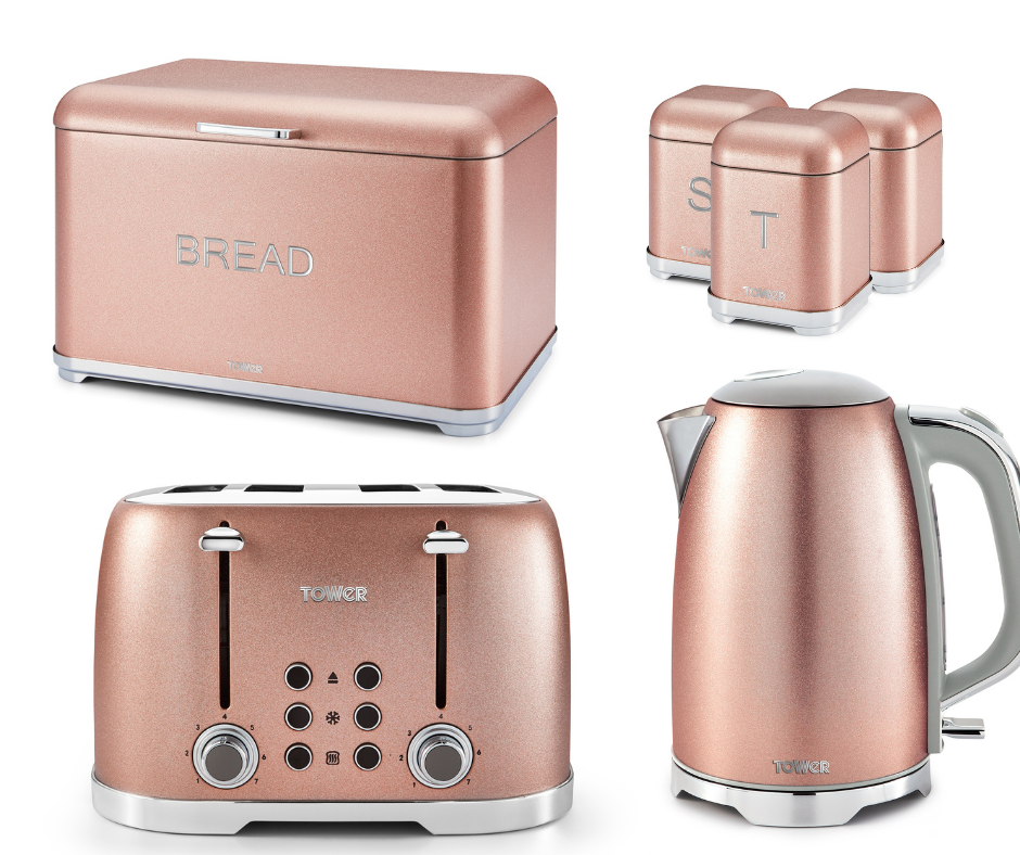 Tower Glitz Blush Pink Kettle 4 Slice Toaster 3 Canisters Bread bin Matching Set
