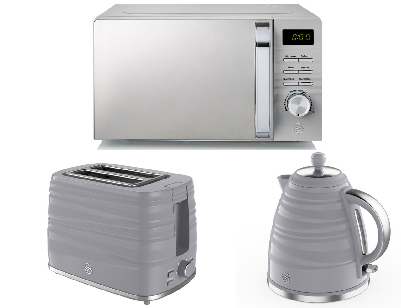 Swan Symphony Grey Kettle, 2 Slice Toaster & 700W Microwave Matching Kitchen Set