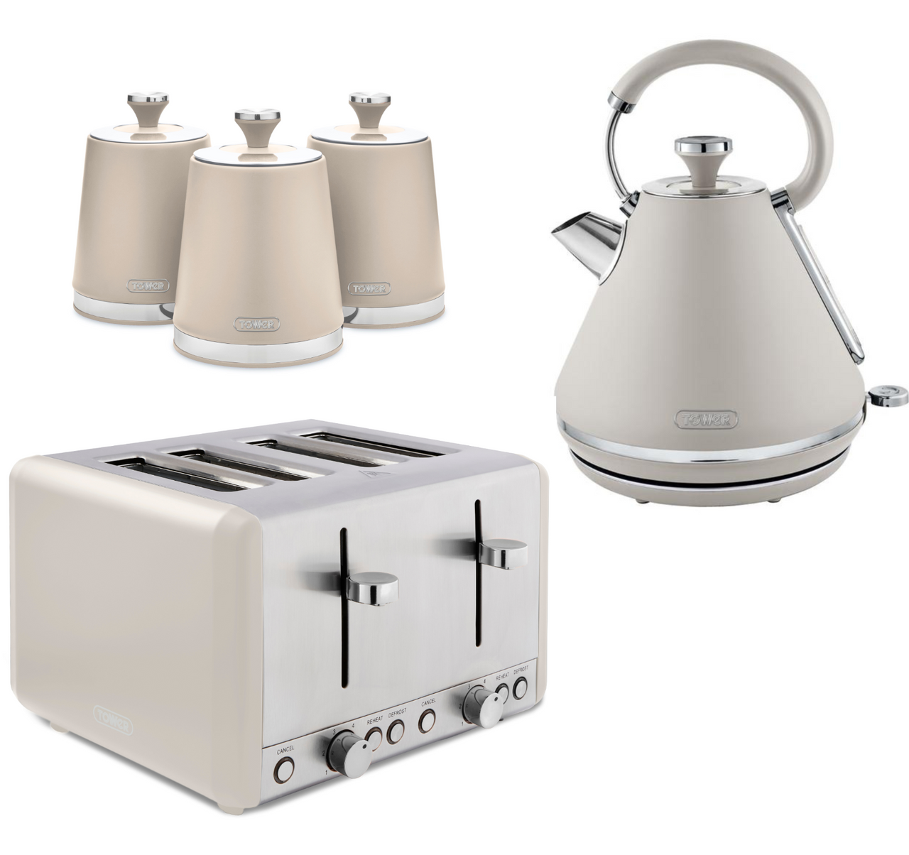 Tower Cavaletto Pyramid Kettle, 4 Slice Toaster & Canisters Matching Set in Latte with Chrome Accents