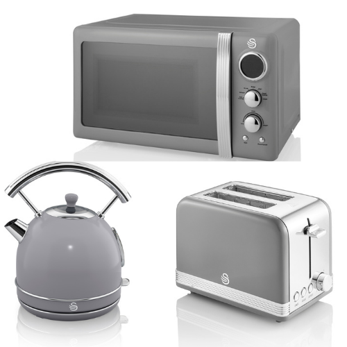 SWAN Retro Dome Kettle 2 Slice Toaster & 800W Digital Microwave in Vintage Grey