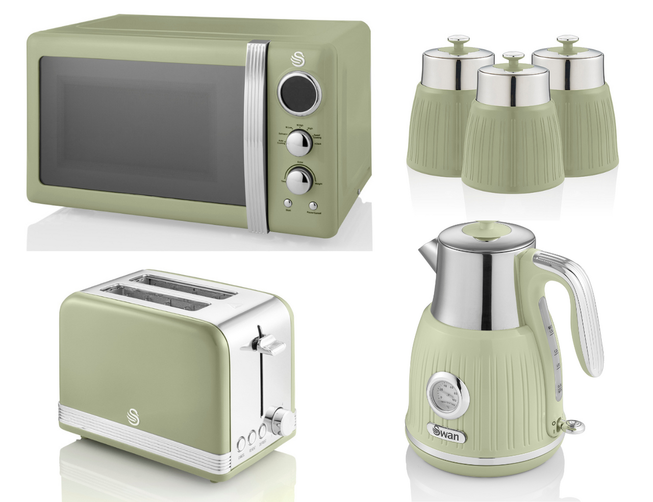 SWAN Retro Green Dial Kettle 2 Slice Toaster Microwave & 3 Canisters Kitchen Set