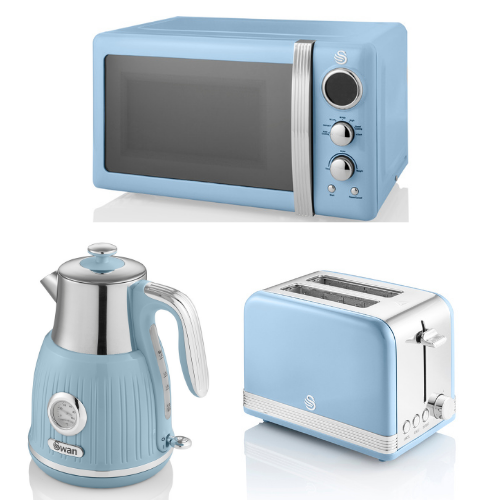 SWAN Retro Temperature Dial Kettle, 2 Slice Toaster & Digital Microwave in Blue