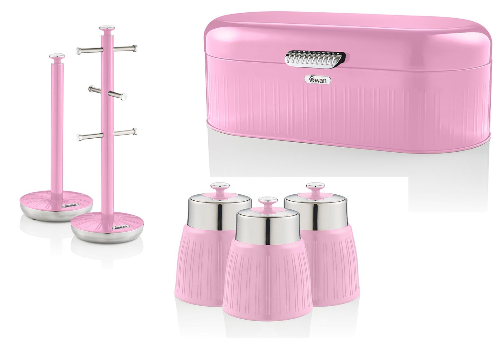 SWAN Retro Pink Kitchen Accessories Bread Bin Canisters Mug Tree Towel