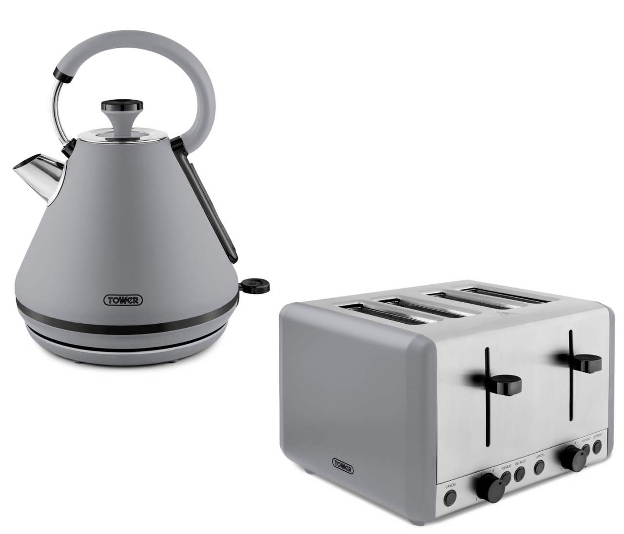 Tower Sera Pyramid Kettle & 4 Slice Toaster Matching Set in Grey with Black Trim