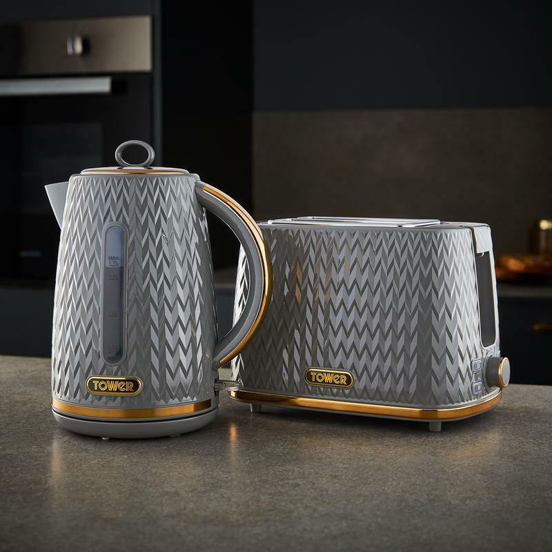 TOWER Empire Jug Kettle 4 Slice Toaster & Bread Bin Matching Kitchen Set in Grey