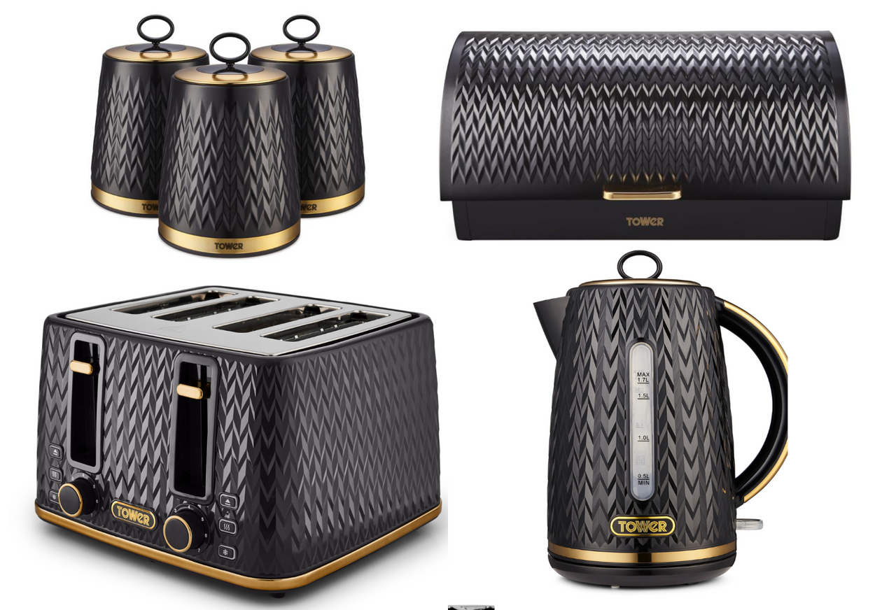 Tower Empire 1.7L 3KW Jug Kettle, 4 Slice Toaster, Bread Bin & 3 Canisters Matching Set of 6 in Black & Brass