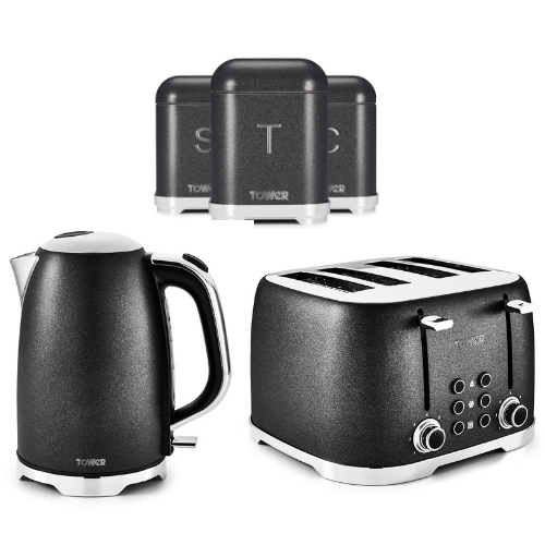 TOWER Glitz Black Noir Kettle 4-Slice Toaster & Tea, Coffee, Sugar Canisters Set