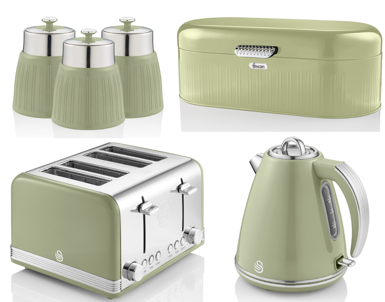 SWAN Retro Green Jug Kettle 4 Slice Toaster Breadbin Canisters Kitchen Set of 6